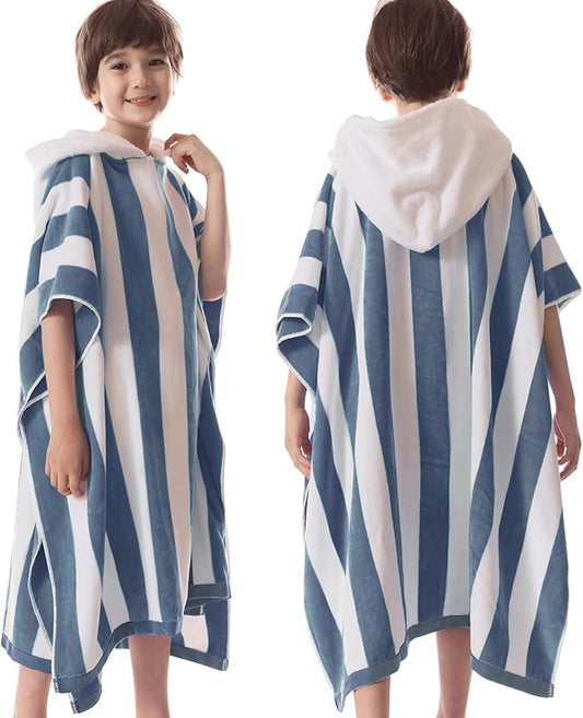 VOOVA & MOVAS Hooded Beach Towel Poncho for Teens (8-16Years), 100% Cotton Thick Surf Poncho Towel Robe for Kids, Perfect for Pool, Beach, Bath Activities and Gifts,Blue Grey Cabana Stripe