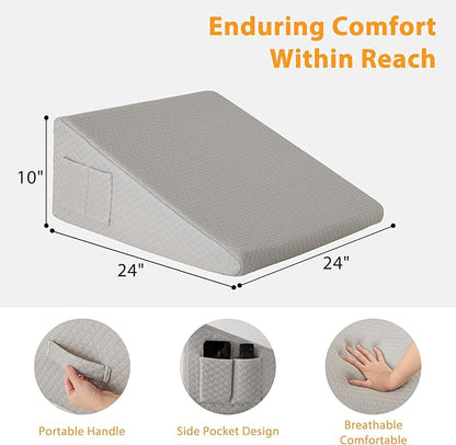 Bed Wedge Pillow for Sleeping, 10" Wedge Pillows for After Surgery, Soft Memory Foam Top, Triangle Pillow Wedge, Body Positioners for Leg Elevation, Acid Reflux, Gerd, Snoring Relief, Grey