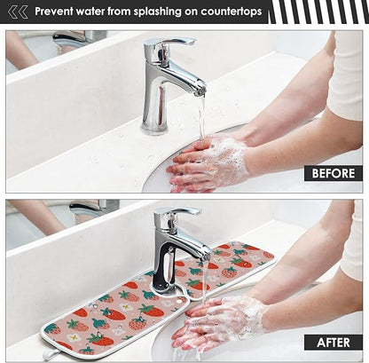 Kitchen Faucet Absorbent Mat,Strawberry Summer Berry Water Splash Guard for Sink, Faucet Drip Catcher Thicken Sponge Microfiber Faucet Water Catcher Mat Sink Absorbent Mat for Kitchen 30x5in 2 Pack
