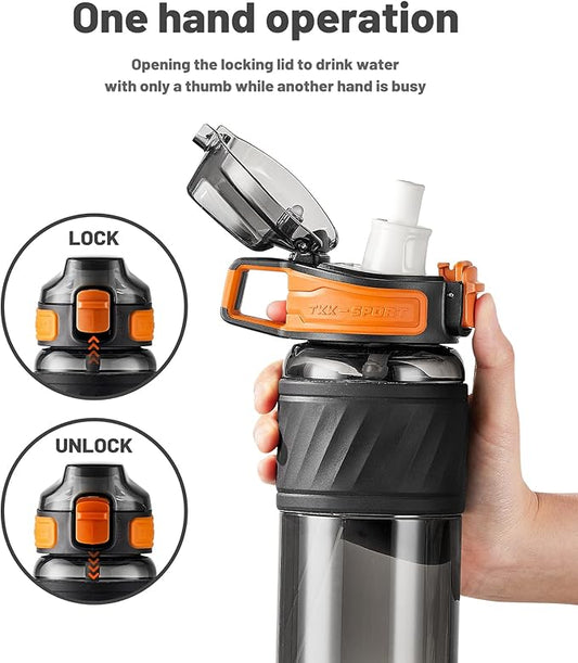TKK 20oz Sports Water Bottles with Removable Straw Durable BPA Free Tritan Bottles Leak-Proof Water Bottles for School, Fitness, Gym, Outdoor, Black