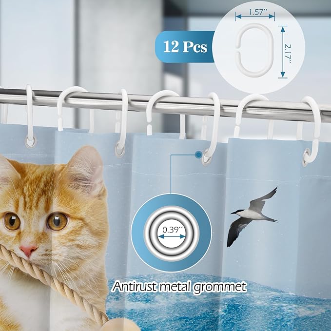 Aimego Long Funny Shower Curtain - Cute Cool Cat Riding Shark Ocean Wave Fun Fabric Cloth Shower Curtain Set with 12 Hooks for Adults Kids Bathroom Decor Accessories Bathtub Curtain, 72"x78"