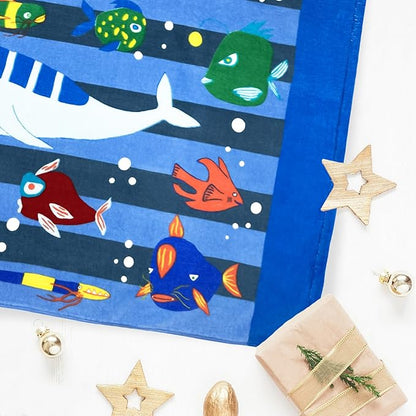 BANGSAUR Kids Hooded Beach Bath Towels, 100% Cotton 50"x30" Wrap Bathrobe, Toddlers Boys 3-12 Years Coverup Towel Ocean Fish N