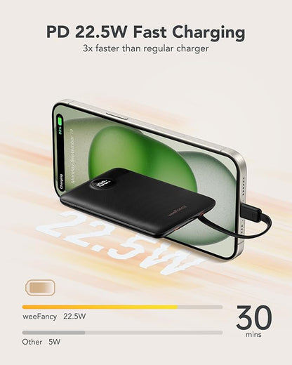 Mini Portable Charger with Built-in Cables 22.5W Fast Charging Power Bank USB-C Small Battery Pack 10000mAh Travel Essential Slim Battery for iPhone, Samsung, Android, and More