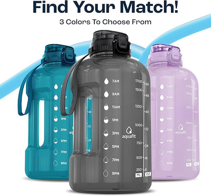 AQUAFIT 64 oz Water Bottle with Time Marker - BPA Free Half Gallon Water Bottle with Straw - Gym Water Bottle with Handle, Gallon Water Jug, Big Water Bottle, Large Water Bottle (Aqua, 2in1 Lid)