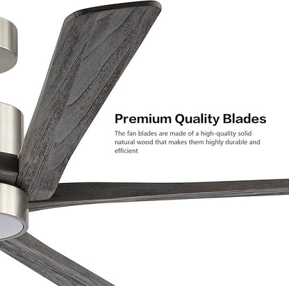 WINGBO 54 Inch DC Ceiling Fan with Lights and Remote Control, 5 Reversible Carved Wood Blades, 6-Speed Noiseless DC Motor, Modern Ceiling Fan in Brushed Nickel Finish with Gray Blades, ETL Listed