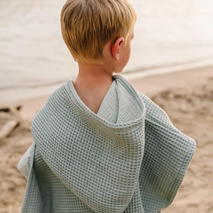 Hooded Towel for Babies + Toddlers | Snaps into a Poncho | Organic Cotton Waffle | Lighweight and Absorbent | Bath, Beach, and Pool | Multiple Colors (Small (0-3 Yrs), June Breeze)
