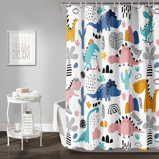 AILONEN Dinosaur Shower Curtain for Kids Boys,Cartoon Dinosaur Bath Curtain 72" W*72" H,Cactus Rainbow Dinosaur Waterproof Shower Curtain with 12 Plastic Hooks