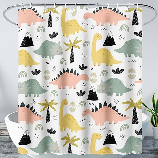 AILONEN Dinosaur Shower Curtain for Kids Boys Girls, Cute Kawaii Dinosaur Bathroom Curtain,Tropic Tree Leaves Printed Bath Curtain 72" W*78" H Polyester Waterproof Bathroom Curtain with 12 Hooks