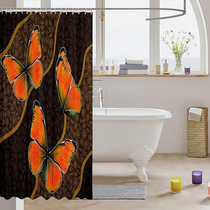 Feelyou Butterfly Shower Curtain 72"x72" Kids Butterflies Botanical Floral Print Bathroom Shower Curtain Set for Boys Girls Teens Geometric Stripes Bath Curtain Yellow Orange Bathroom Accessories
