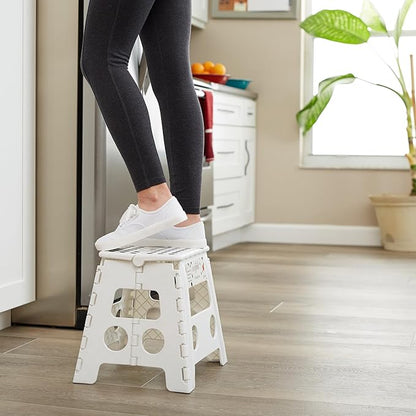 Casafield 13" Folding Step Stool with Handle, White - Portable Collapsible Small Plastic Foot Stool for Adults - Use in The Kitchen, Bathroom and Bedroom