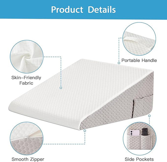 Wedge Pillow for Back Pain Relief, Bed Wedge Pillow for Sleeping, 24×24×7.5 Inch Memory Foam Anti Snore Pillow, Triangle Pillow Wedge for Sleeping Acid Reflux, Gerd, Elevated Pillow White/Grey