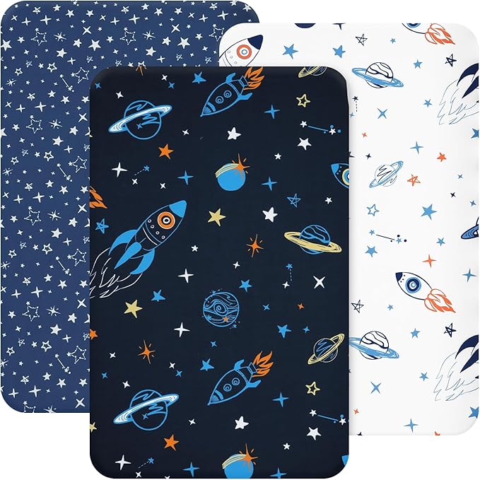3 Pack Mini Crib Sheets, Premium Pack N Play Sheets for Boys Girls Neutral, Soft Breathable Baby Sheets Fit Pack N Play, Playard and Mini Crib Mattresses, Space