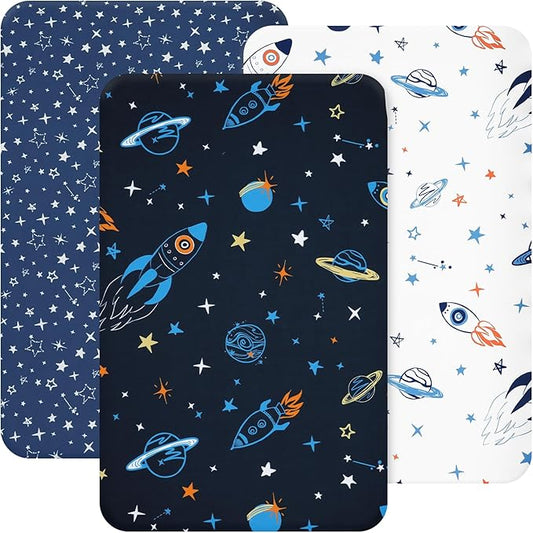 3 Pack Mini Crib Sheets, Premium Pack N Play Sheets for Boys Girls Neutral, Soft Breathable Baby Sheets Fit Pack N Play, Playard and Mini Crib Mattresses, Space