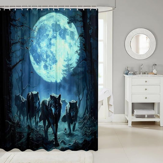 Feelyou Wolf Shower Curtain Wolves Howling Bath Curtain for Kids Blue woles Bathroom Shower Curtain Set Animal Wolves Kids Bathroom Accessories 72"x78"