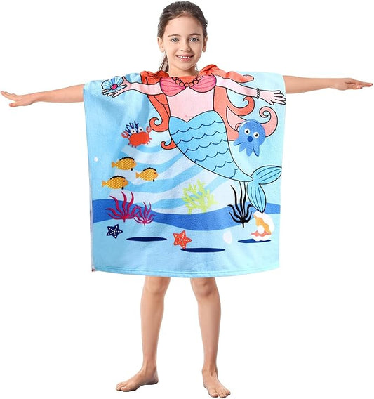 Kids Blue Mermaid Hooded Beach Towel Girls Cute Poncho Pool Towels with Hood 24*47 in Soft Microfiber Swim Cover-ups Kids Ages 3-10 Thick Absorbent Cotton Hooded Bath Towel Wrap Bathrobe