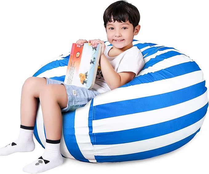 Lukeight Stuffed Animal Storage Bean Bag Chair Cover for Kids, Zipper Beanbag Chair Cover for Organizing Toddler and Kids' Rooms Plush Toys (Blue+White Velvet, XX-Large)