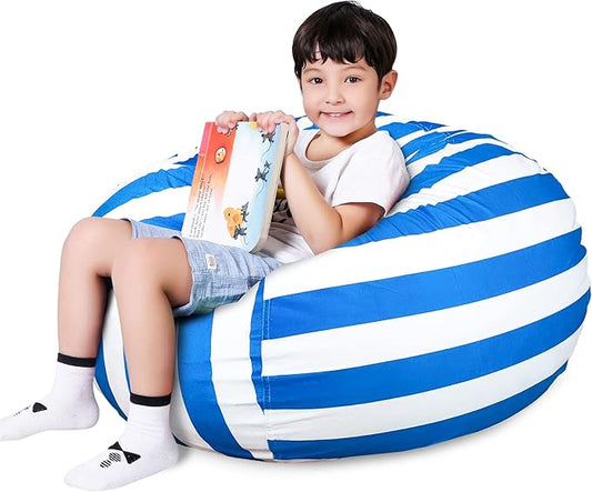 Lukeight Stuffed Animal Storage Bean Bag Chair Cover for Kids, Zipper Beanbag Chair Cover for Organizing Toddler and Kids' Rooms Plush Toys (Blue+White Velvet, XX-Large)