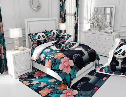 Feelyou Panda Fabric Shower Curtain Cute Panda Shower Curtain for Boys Girls Cartoon Bathroom Waterproof Accessories with 12 Hooks Flower Pattern Curtains,72x72 Inches