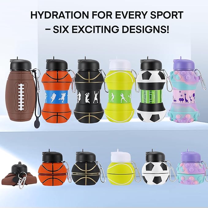 Kids Sports Collapsible Water Bottle | Ball Shaped Drinking Cup | Foldable BPA Free Leakproof Lightweight Silicon Jug | School Lunch Mug Team Gift Travel (Bubble Animal 550ml/18.6oz)