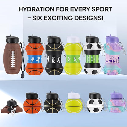 Kids Sports Collapsible Water Bottle | Ball Shaped Drinking Cup | Foldable BPA Free Leakproof Lightweight Silicon Jug | School Lunch Mug Team Gift Travel (Tennis 550ml/18.6oz)