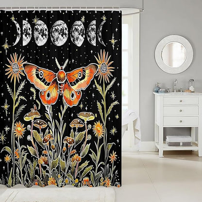 Feelyou Death Moth Shower Curtain Hippy Mushroom Fabric Shower Curtain for Kids Boys Girls Colour Bathroom Waterproof Accessories with 12 Hooks Bohemian Style Curtains,72x84 Inches