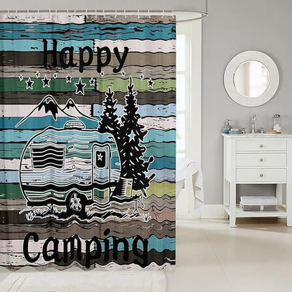 Feelyou Camper Shower Curtain Happy Camping Fabric Shower Curtain for Kids Boys Girls Wooden Rustic Style Bathroom Waterproof Accessories with 12 Hooks Rv Camping Curtains,72x78 Inches
