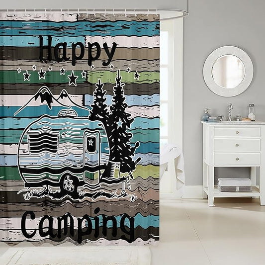 Feelyou Camper Shower Curtain Happy Camping Fabric Shower Curtain for Kids Boys Girls Wooden Rustic Style Bathroom Waterproof Accessories with 12 Hooks Rv Camping Curtains,72x78 Inches