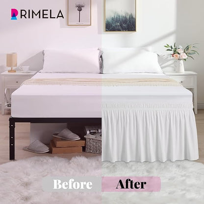 RIMELA Bed Skirt Wrap Around Elastic Dust Ruffles Solid Color Wrinkle and Fade Resistant with Adjustable Elastic Belt Easy to Install White for King & California King Size 18 Inch Drop