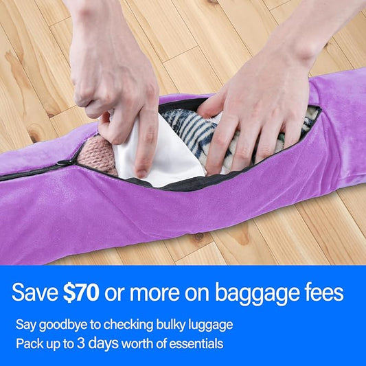 Travel Pillow You Stuff with Clothes, Stuffable Travel Pillow Transforms Into Extra Luggage Without Excess Fees, Stuffable Neck Pillow No Filler Fits 3+ Days of Travel Essentials Purple