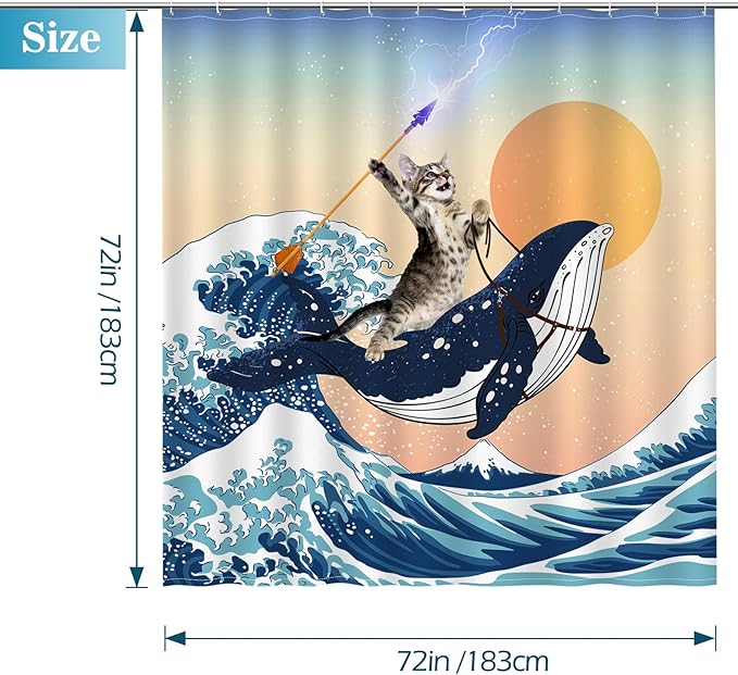 Aimego Funny Shower Curtain Brave Cat Holding Trident Arrow Riding Shark in Ocean Wave, Whale Cat Shower Curtain Set with 12 Hooks for Bathroom Decor Accessories Bathtub Curtain, 72"x72"