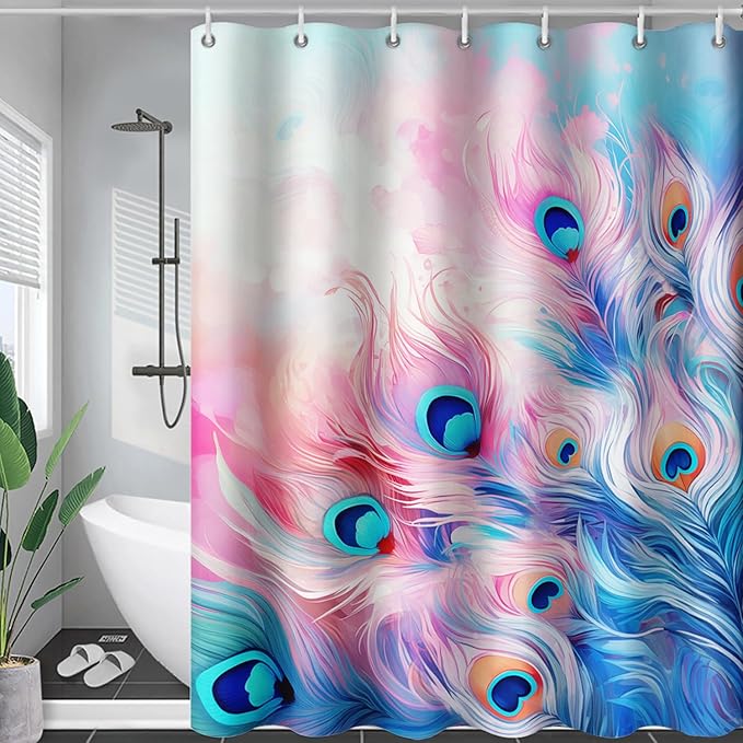 AILONEN Peacock Shower Curtain for Bathroom, Pink and Blue Peacock Feather Print Shower Curtain,Fashion Tie Dye Bath Curtain for Girls Women Waterproof 60" W*72" H