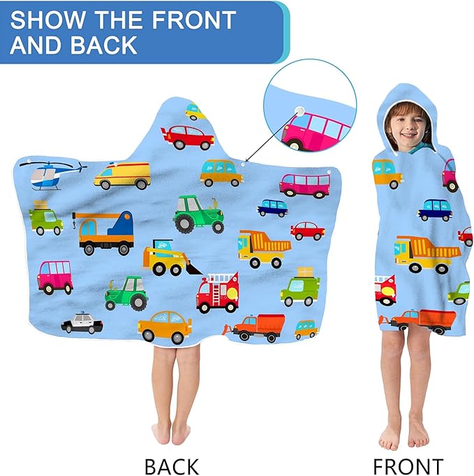Blue Car Hooded Beach Towel for Kids, Cute Bath Towel with Hood, Boy Microfiber Super Absorbent Soft Poncho Bathrobe for Swin Pool 30”x50”