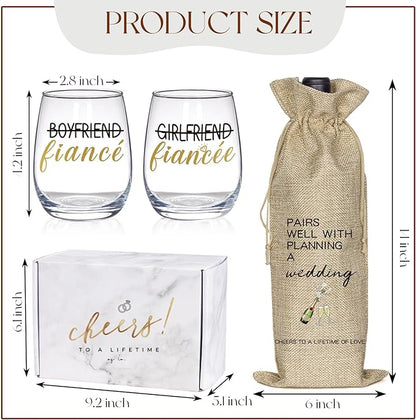 Engagement Gifts for Couples, Boyfriend and Girlfriend Wine Glass and Wine Bag Gift Set, Fiance Fiancee Gift for Him and Her, Bride and Groom Wedding Gifts, Bridal Shower, Engaged Gift for Newlywed