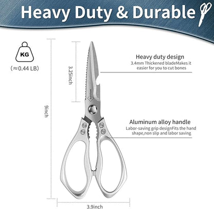 Kitchen Shears for Food Heavy-Duty: Multipurpose Kitchen Shears for Cutting Chicken, Bone, Meat, Food, (9'' Silver)