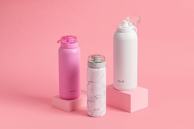 Ello Cooper 32oz Stainless Steel Water Bottle with Straw and Carry Handle, Double Walled and Vacuum Insulated Metal, Leak Proof Locking Lid with Soft Silicone Spout, Reusable, BPA Free, White Marble