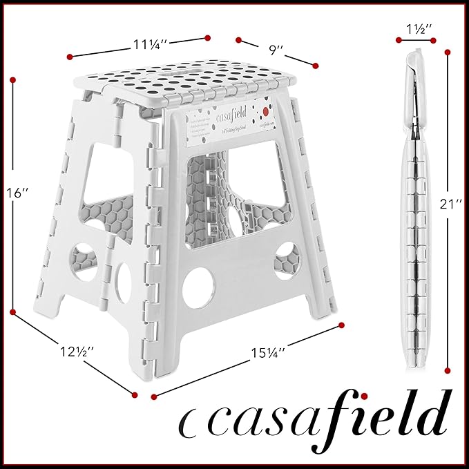 Casafield 16" Folding Step Stool with Handle, White - Portable Collapsible Small Plastic Foot Stool for Adults - Use in The Kitchen, Bathroom and Bedroom