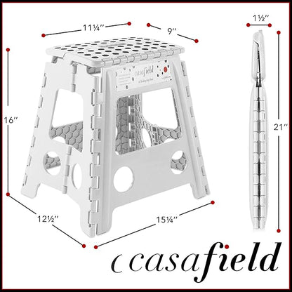 Casafield 16" Folding Step Stool with Handle, White - Portable Collapsible Small Plastic Foot Stool for Adults - Use in The Kitchen, Bathroom and Bedroom