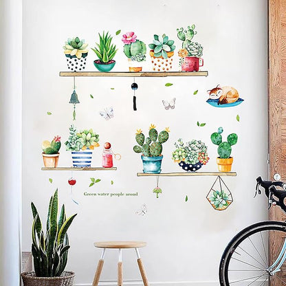 Green Cactus Potted Wall Decals Tropical Plants Wall Stickers DIY Peel and Stick Art Murals, Art Decorations Decor for Kids Bedroom Kitchen Office Girl Room
