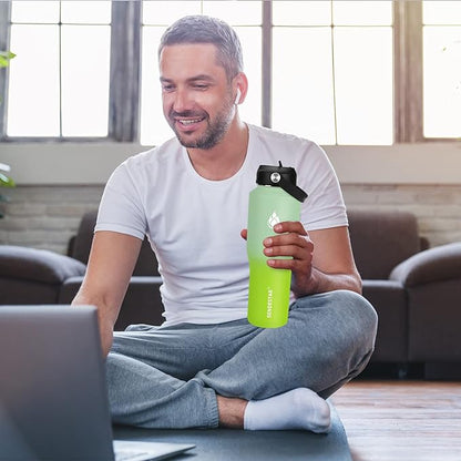 SENDESTAR Water Bottle 32oz,2 Lids(Straw lid),Wide Mouth Stainless Steel Vacuum Insulated Double Wall Keep Liquids Cold or Hot All Day,Sweat Proof Sport Design,Fit Car Cup Holder(Neon)