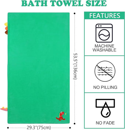 Kids Beach Towels Cute 3D Embroidery Dinosaur Super Absorbent Warm Coral Fleece Blanket Pool Bath Towel Wrap for Boys Girls, Measures 53.5 x 29.3 Inches