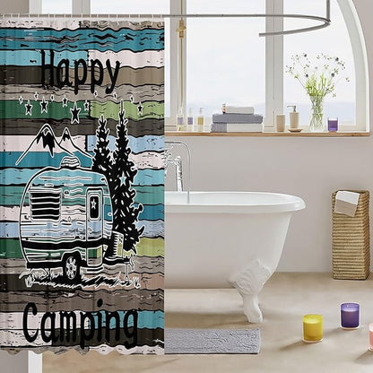 Feelyou Camper Shower Curtain Happy Camping Fabric Shower Curtain for Kids Boys Girls Wooden Rustic Style Bathroom Waterproof Accessories with 12 Hooks Rv Camping Curtains,72x84 Inches