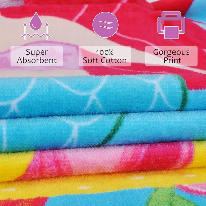Tirrinia Mermaid Kids Poncho Towel, Surf Beach Bath Swim Hooded Towels for 2-7 Years Girls Toddler Gift, 24 by 52-inch, 100% Cotton