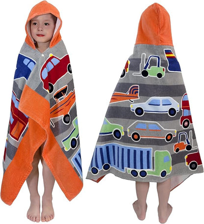 Kids Bath Towel Hooded - Cotton Kids Beach Towel 30"x50" for Ages 3 to 10, Toddler Towels with Hood Snaps, Soft Terry Poncho Towel as Pool Swim Cover Ups for Girls Boys (Vehicle)