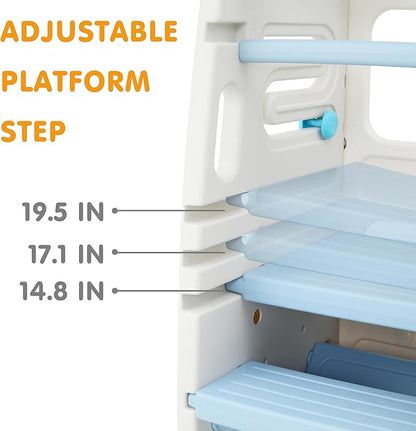 SDADI Multifunctional Toddler Tower with Double Safety Rails - Adjustable & Non-Slip for Kitchen and Bathroom Use - Montessori Step Stool for Kids, Beige and Baby Blue
