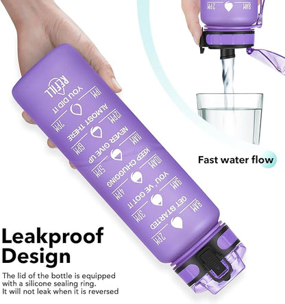 32oz Motivational Water Bottle with Time Marker & Fruit Strainer, Leak-proof BPA Free Non-Toxic Bottle with Carrying Strap, Perfect for Fitness, Gym and Outdoor Sports