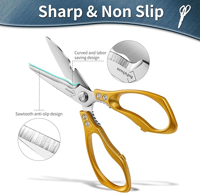 Kitchen Shears for Food Heavy-Duty: Multipurpose Kitchen Shears for Cutting Chicken, Bone, Meat, Food, (9'' Gold)