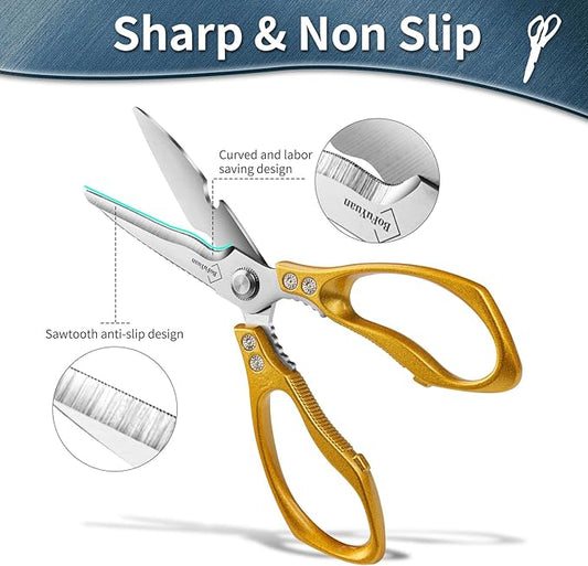Kitchen Shears for Food Heavy-Duty: Multipurpose Kitchen Shears for Cutting Chicken, Bone, Meat, Food, (9'' Gold)