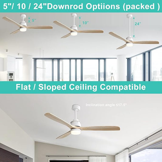 Sofucor 60" Ceiling Fan with Lights Remote Control, 3 Poles for Indoor Outdoor Ceiling Fan with Remote, Wood Ceiling Fan with 3 Color Temperature & Adjustable Brightness, Light Wood Grain