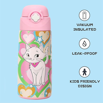 Kids Insulated Water Bottle with Covered Pop-Up Straw,16oz Kids Cups with Stainless Steel Leak Proof for School Boys Girls（3-Cat）