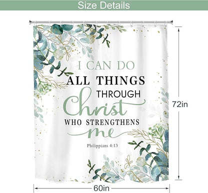MESHELLY Green Christian Shower Curtain 60Wx72H Inspirational Shower Curtain Rustic Eucalyptus Bible Verses Quotes Bathroom Curtain for Women Scriptures Leaves Bathroom Decor Fabric with 12 Hooks